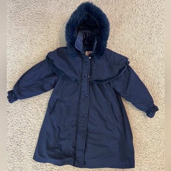 Big Chill Other - VINTAGE Big Chill Hooded Capelet Parka 10 Navy Blue Velvet Trim Heart Faux Fur